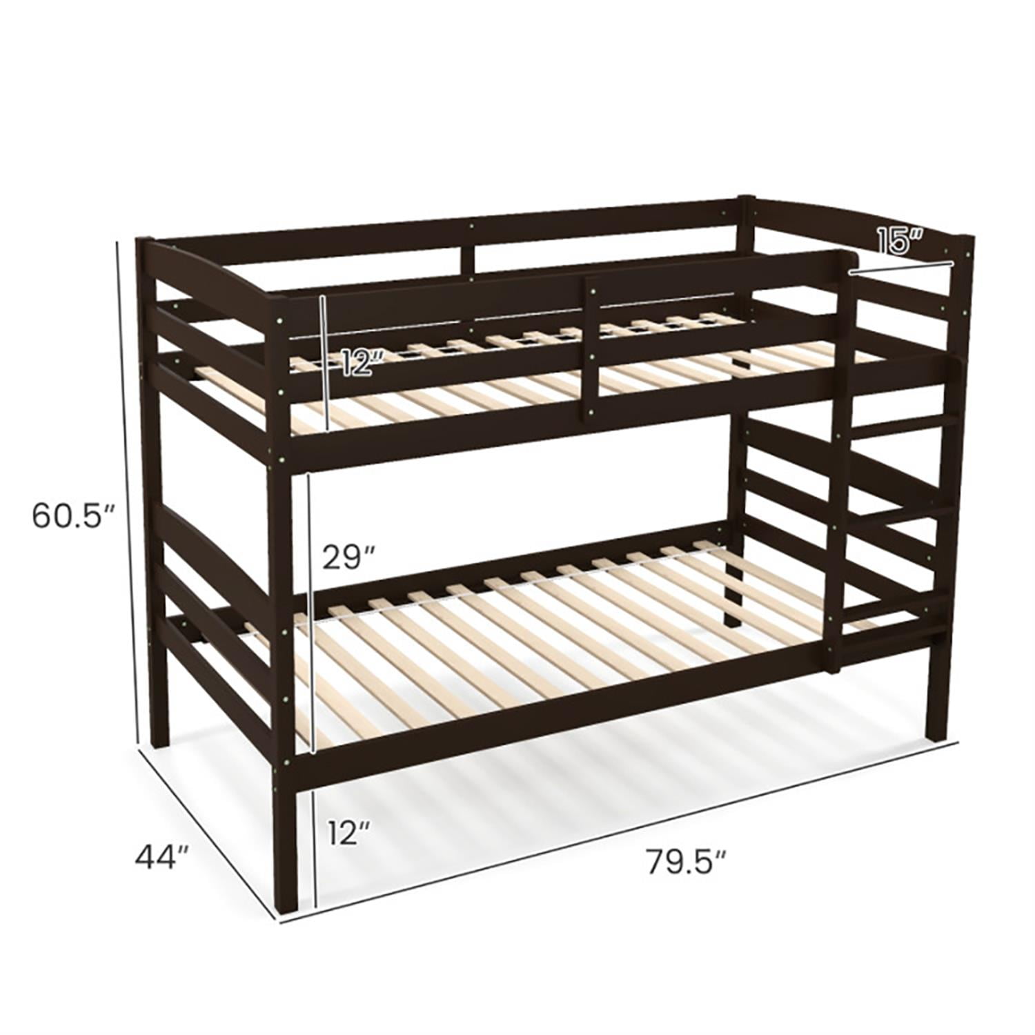 Demi Bonn Solid Wood Twin Over Twin Bunk Bed with High Guardrails and Integrated Ladder, Twin Bunk Beds, Bed Frame, Brown