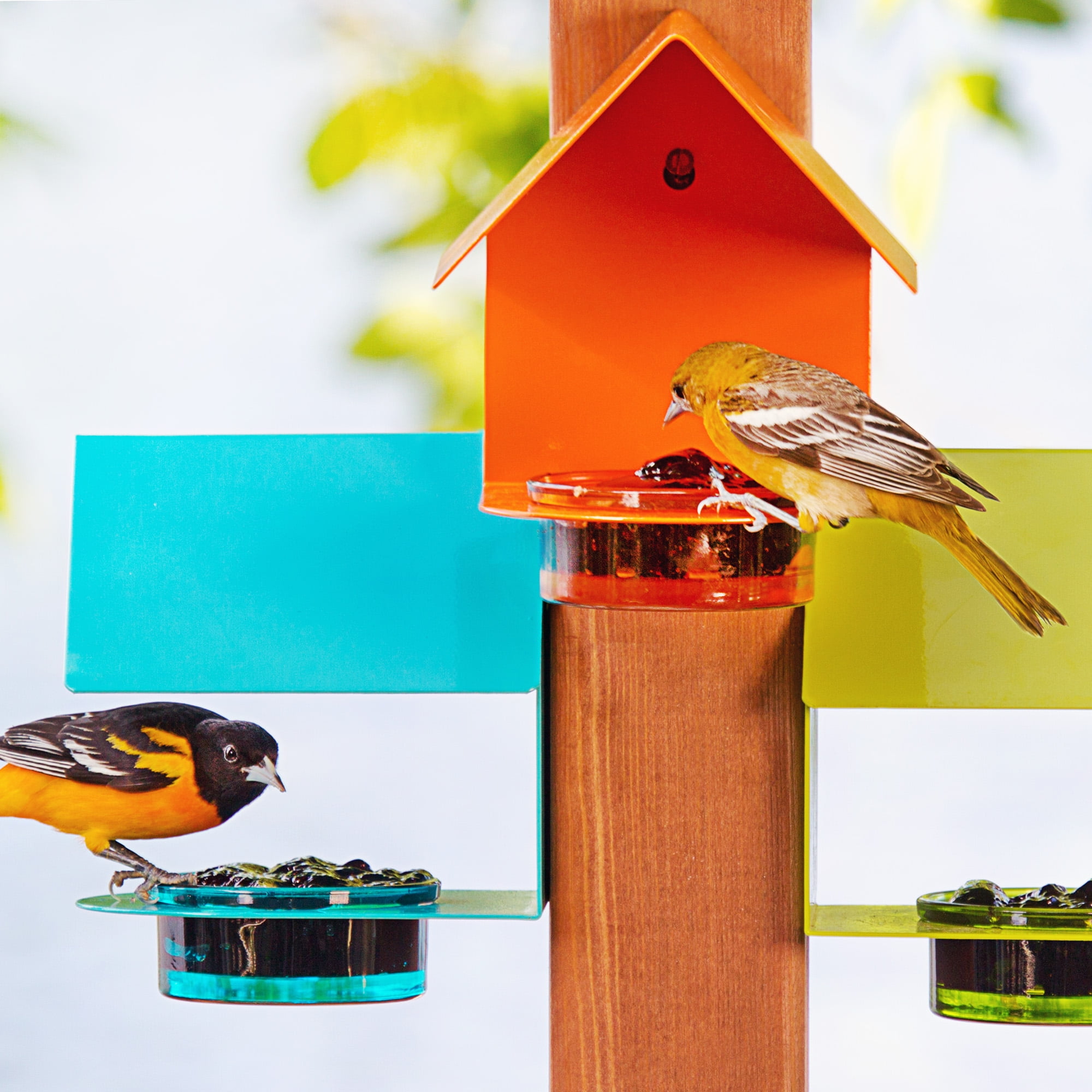 Mosaic Birds Recycled Glass & Metal Bird Feeder Outdoor - Hanging Bird House Feeder for Oriole, Finch - Aqua Blue