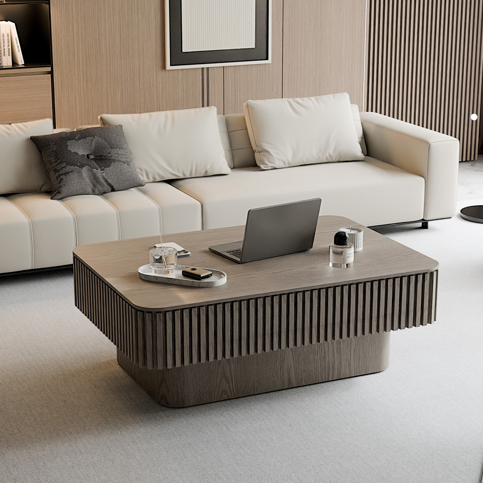 Lift Top Coffee Table with Storage, 38.6" Fluted Coffee Table with Adjustable Height, Modern Wood Veneer Center Table for Living Room, Grey