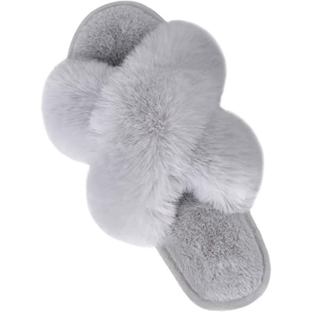 

Womens Fuzzy Fluffy House Slippers Cozy Memory Foam Slippers Fluffy Furry Open Toe Cross Band House Shoes Indoor Outdoor Slide Slipper