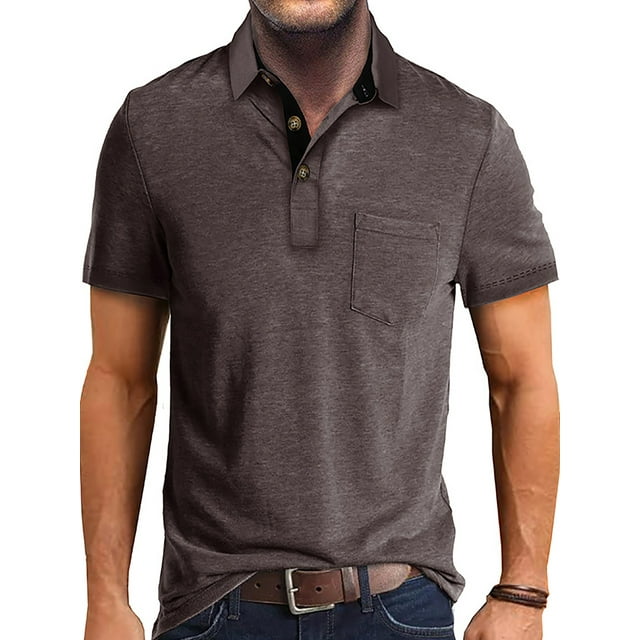 MAWCLOS T-Shirts pour Hommes Polo à Boutons Col à Revers Hauts d'Été Décontractés Plage Manches Courtes Blouse Marron L