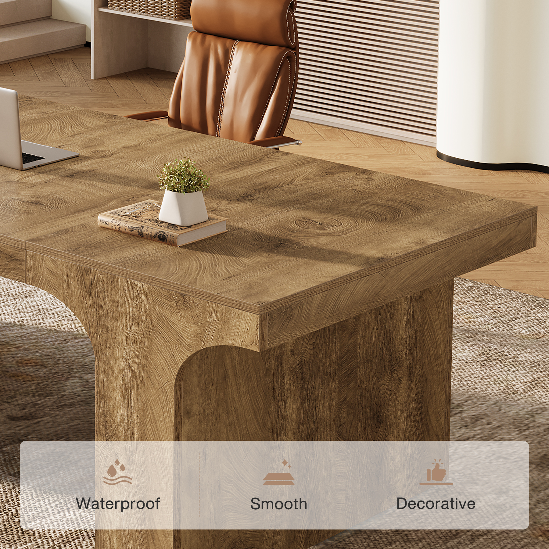 Tribesigns 70.87" Executive Office Desk, Large Workspace Computer Desk, Modern Wooden Table with Arched Design for Home Office, Brown
