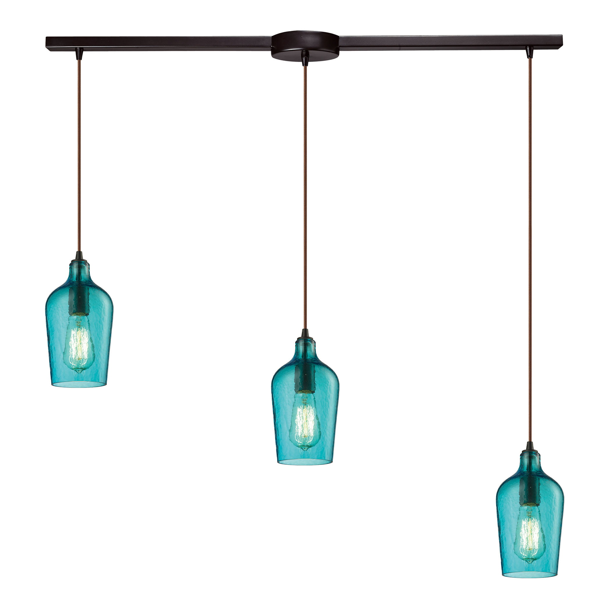 Hammered Glass 3 Light Linear Pendant Fixture In Oiled Bronze With Hammered Aqua Glass Walmart