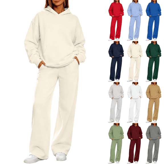Two Piece Lounge Sets for Women Solid Color Long Sleeve Hoodie Wide Leg Sweatpants with Pockets Matching Sets Vacation Travel Outfits