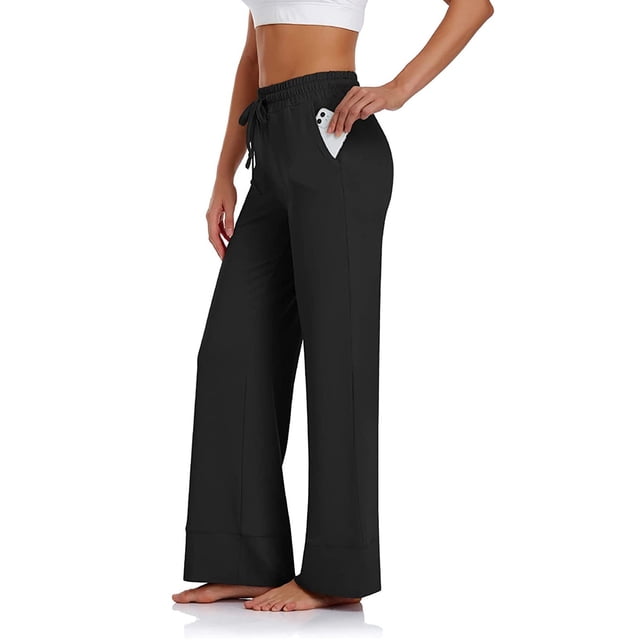 Pantalones de pierna ancha Bolsillos elásticos en la cintura con cordón Pantalones casuales sueltos para yoga Ejercicio físico Trotar Negro M