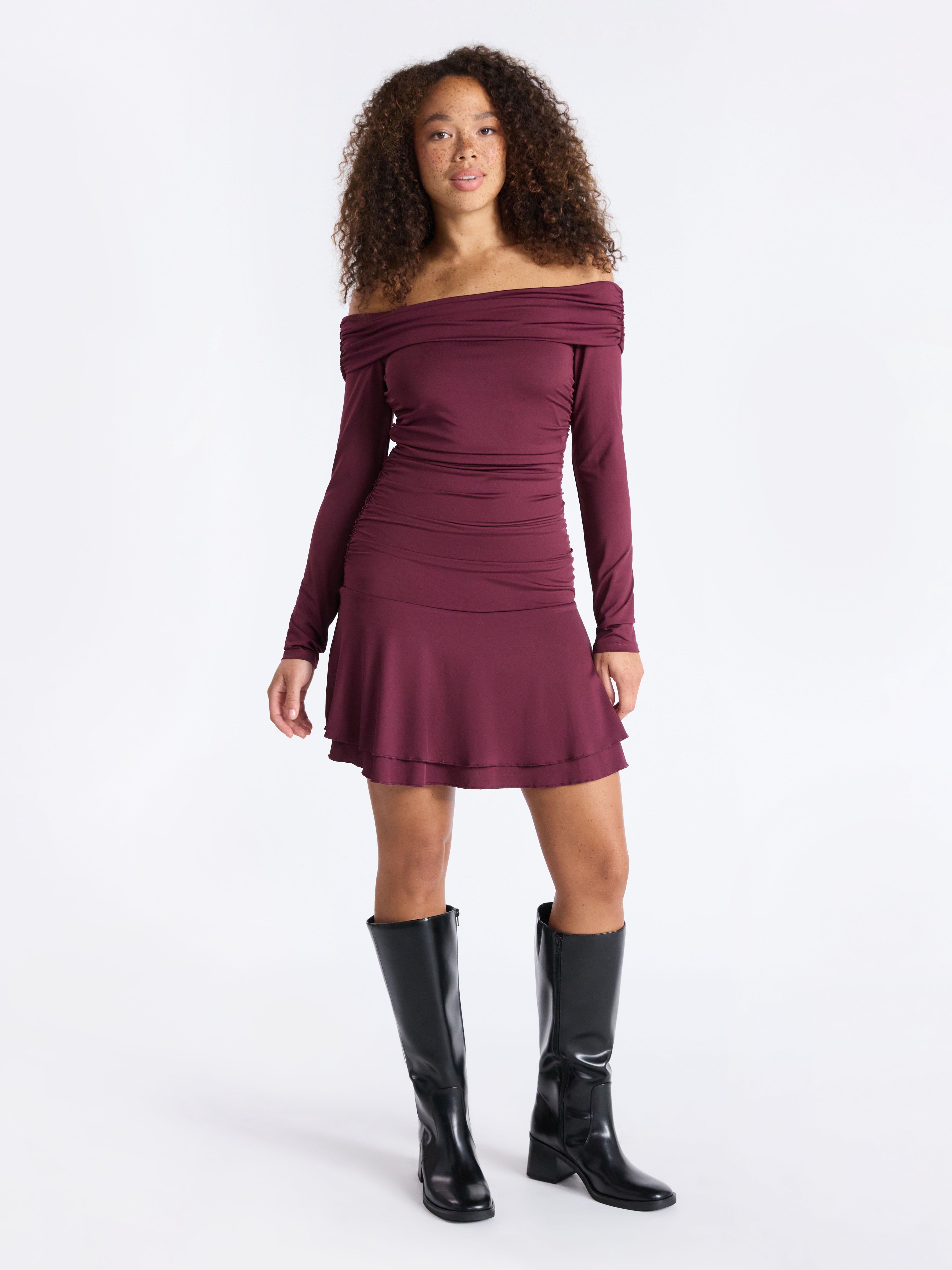 No Boundaries Off-The-Shoulder Mini Dress with Long Sleeves, Women's