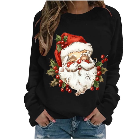 Aloohaidyvio Christmas Sweatshirt for Womens Oversized Santa Claus Sequins Xmas Top Long Sleeve Crew Neck Loose Fit Pollover Shirts