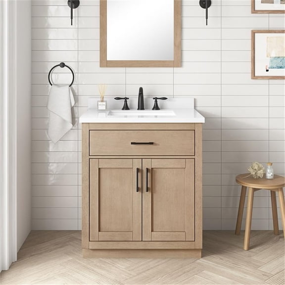 Pemberly Row 30" Bathroom Vanity in Sahara Birch with White Countertop