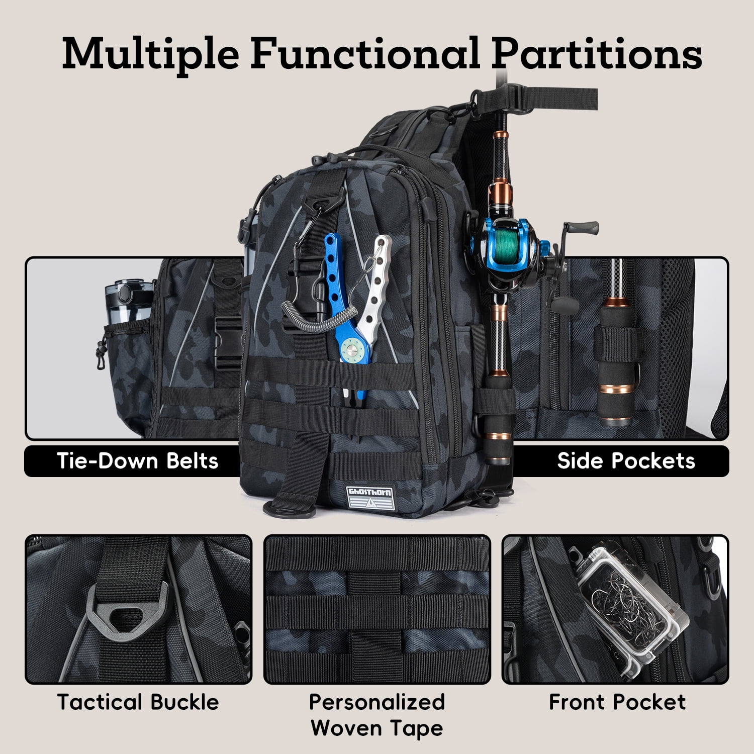 Ghosthorn Fishing Tackle Backpack with Trays 3600 Tackle Boxes & Rod Holders, Large Outdoor Storage Tackle Bag for Fishing