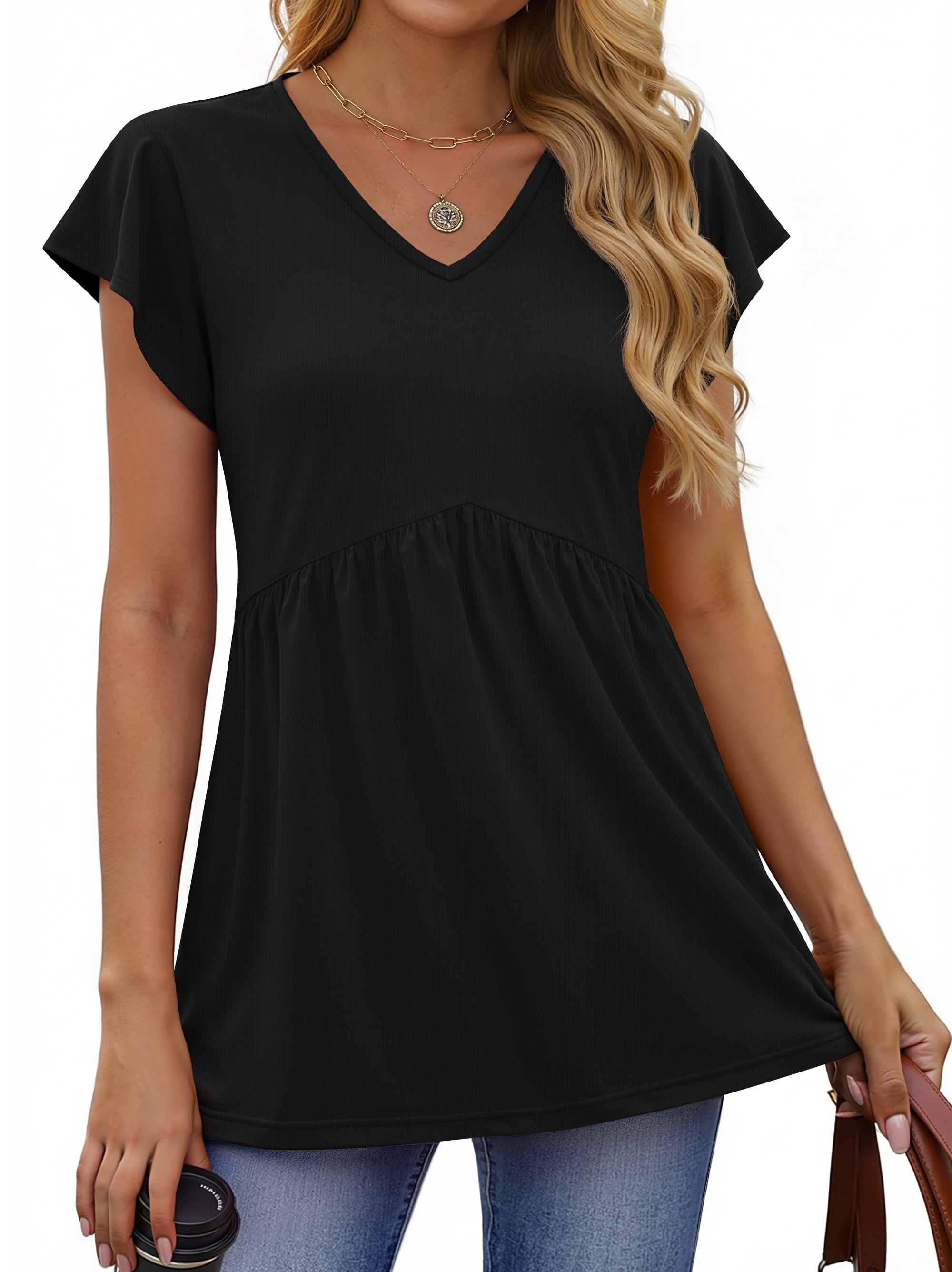 Fantaslook Womens Tops V Neck Short Sleeve Summer Shirts Babydoll Peplum Tops Tunic Dressy Casual Blouses