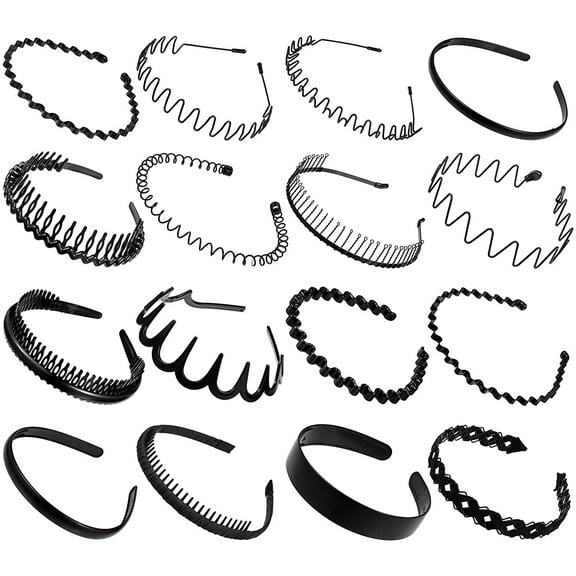 16 Pieces Metal Headbands Black Spring Wavy Hairband and Plastic Hair Hoop Set Unisex Men Women Headband Sports Elastic Non Slip Headwear Hair Accessories