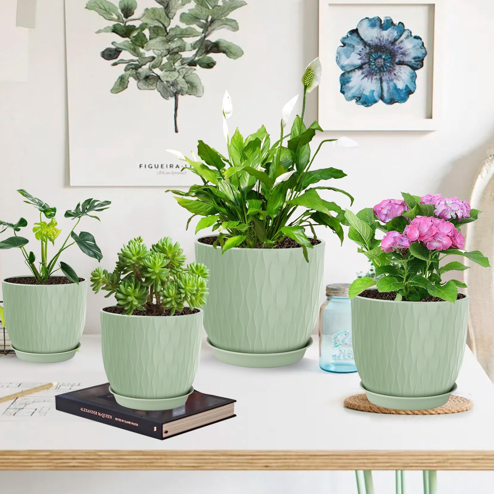 Plastic Plant Pots 10/9/8/7.5/7 inch Set of 5, Flower Planters with Drainage Holes and Saucers, Plastic Pots for Indoor Outdoor Plants(Green)