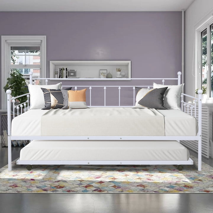 Metal Daybed with Trundle, Modern Twin Daybed Frame with RollOut