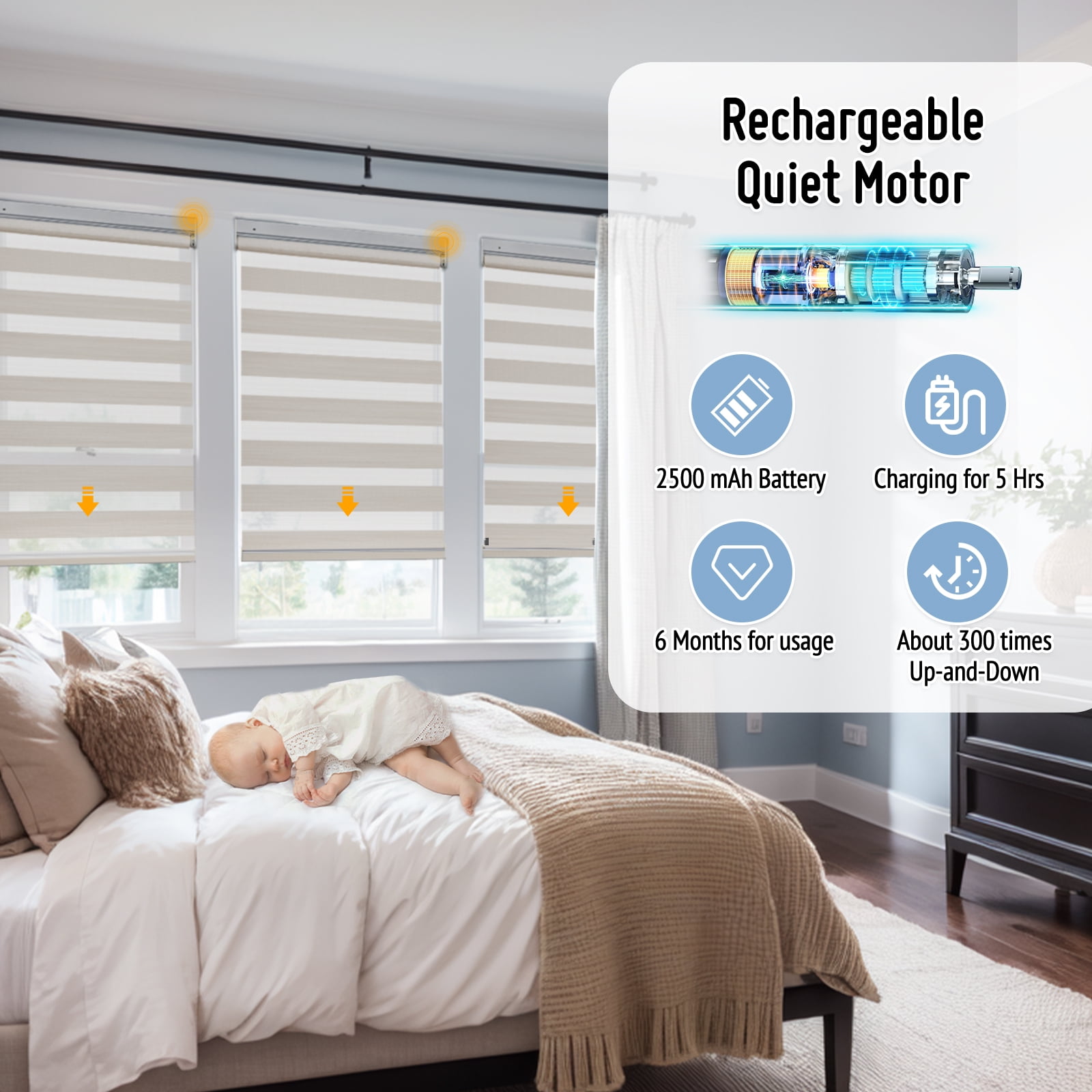 Keego No Drill No Tool Motorized Zebra Shades Blinds Remote Control Dual Layer Roller Shades Blackout Window Treatment - Apricot, 20"W x 40"H