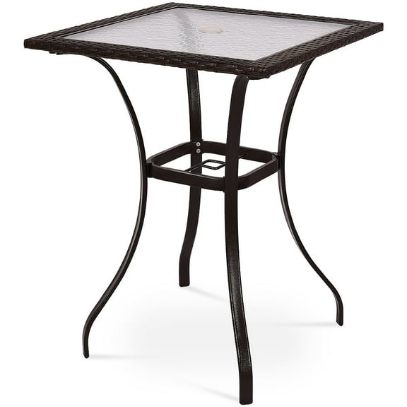 Patiojoy Patio 28.5" Square Bar Table with Umbrella Hole and Glass Top, Black