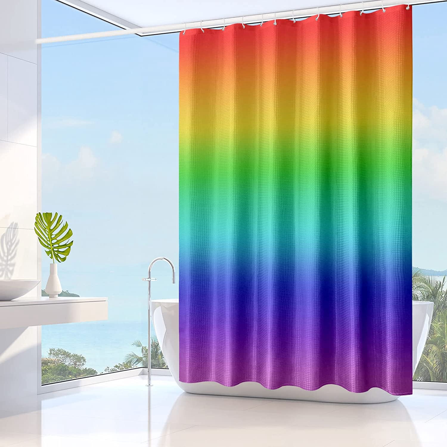 Colorful Rainbow Shower Curtain, Waffle Weave Fabric Ombre Bathroom Shower Curtain Set with Hooks, Water Repellent and Machine Washable, 72 x 72