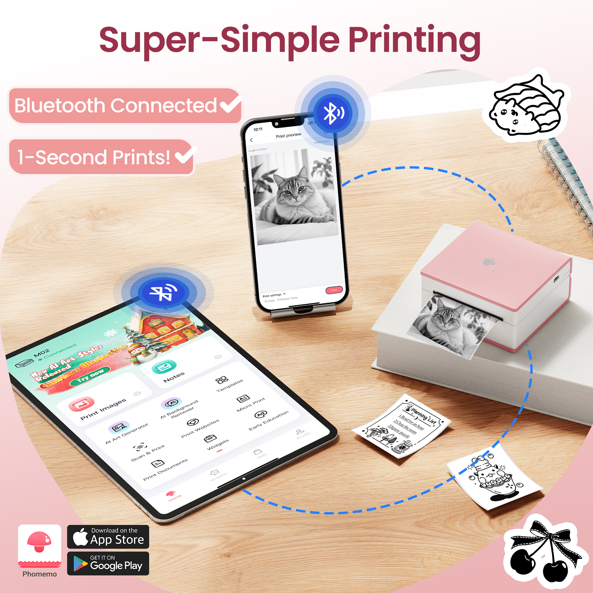 Phomemo Sticker Printer - M02 Label Maker Portable Bluetooth Thermal Sticker Printer for Notes, Gifts, Journals, Planners, Scrapbooking, and Creative Projects(Pink)