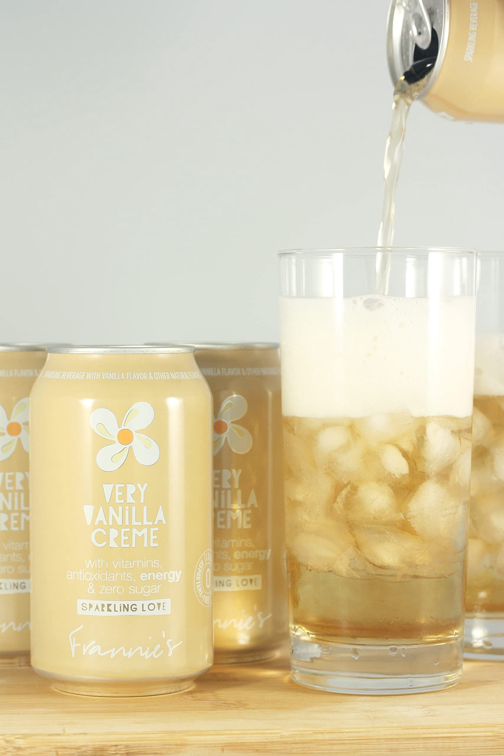 Frannies Sparkling Very Vanilla Creme, Protected With High-Density Foam, With Vitamins, Antioxidants, Energy, Zero Aspartame & No Sugar, 12 Oz. Cans Pack of 8 Cans