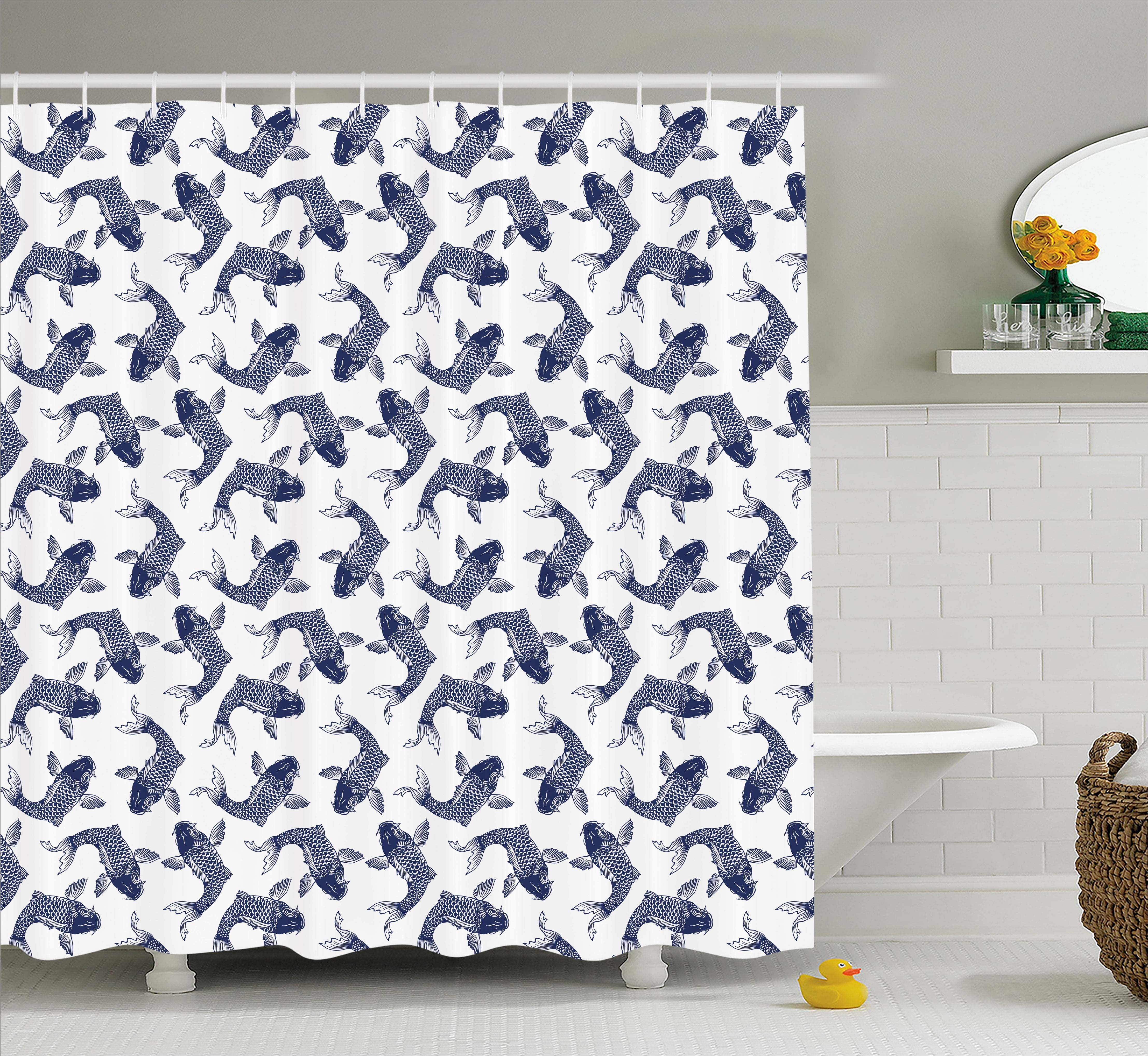 Koi Fish Shower Curtain Carp Sketch Drawing With Detailed Scales Pattern Eastern Marine Life Fabric Bathroom Set Hooks 69w X 70l