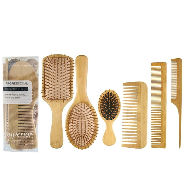 Natural Wood Hair Brush with Wooden Bristles Massage Scalp Comb and Wood Beard Comb for Men and
