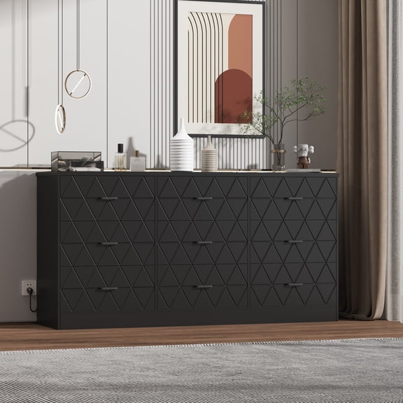 9 Drawer Wooden Dresser with Power Outlet, Wide Chest with Charging Station, 63 Inches for Bedroom Living Room