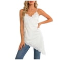 thumbnail image 3 of Women's Lace Embellished Tops Satin Spaghetti Strap Deep V Neck Tank Top Asymmetrical Hem Soft Daily Going Out Summer Camisole, #02 Beige, XL, 3 of 7