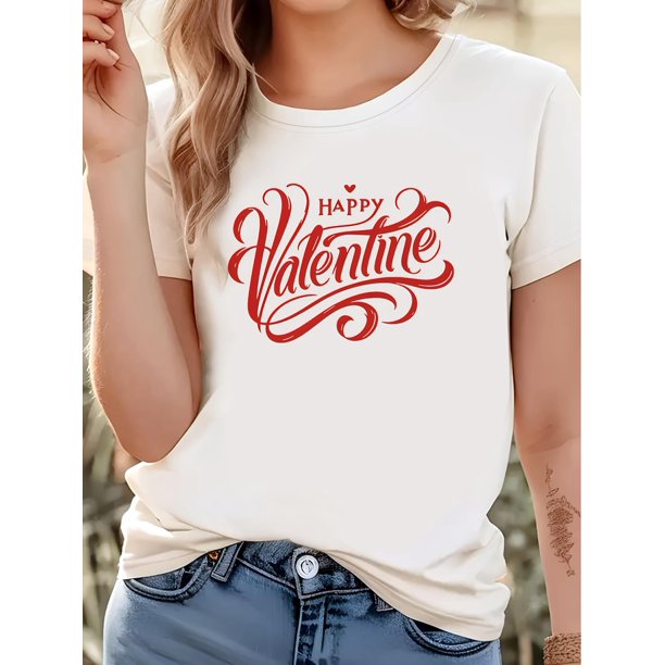 Happy Valentine'S Day Casual T-Shirt, Knit Fabric with Medium Stretch, Crew Neck, Printed Love HeartCamisetas para mujer, lindas camisetas con estampado gráfico, de manga corta, estilo casual, para ve