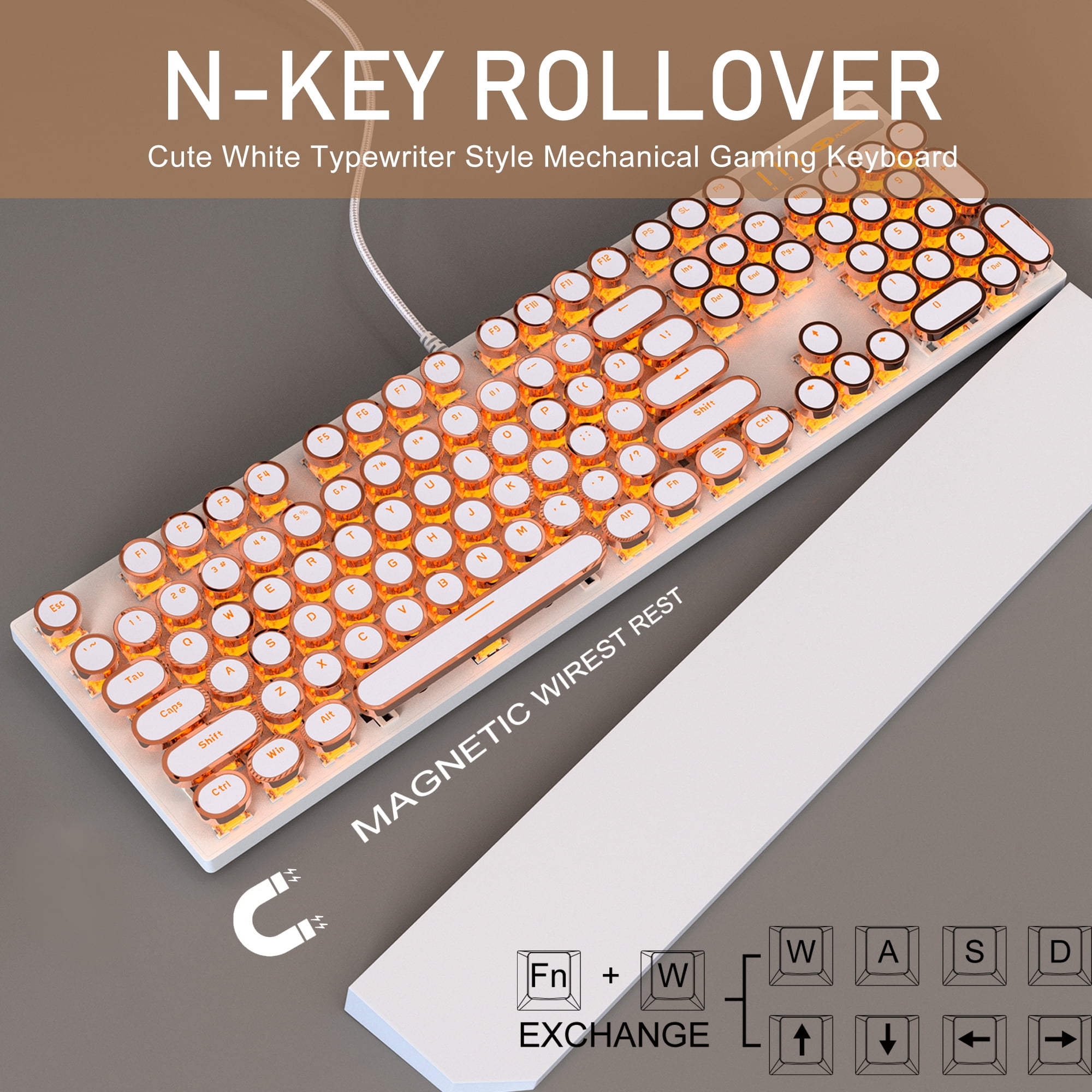 MageGee Typewriter Mechanical Gaming Keyboard, Retro Gold Punk Round Keycap LED Backlit USB Wired Keyboards for Game and Office, for Windows Laptop PC Mac - Blue Switches