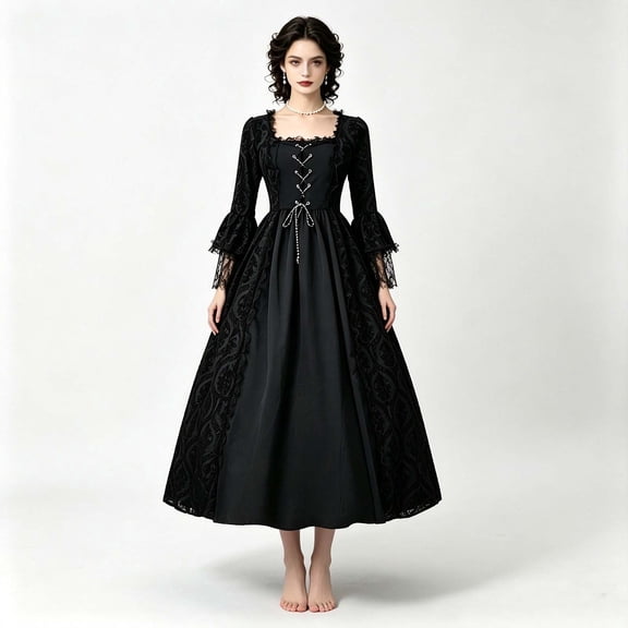 YTCAMLO Plus Size Halloween Long Dresses for Women Vintage Lace Up Long Flared Sleeve Medieval Costume Gothic Medieval Dress