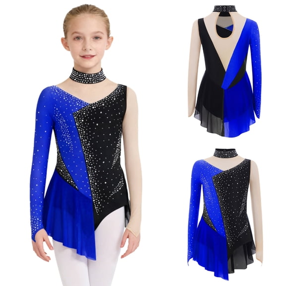 TTAO Kids Girls Mesh Splice Gymnastic Leotard Ballet Dance Tutu Skirt Ballerina Clothes Figure Ice Skating Dress Navy Blue 12