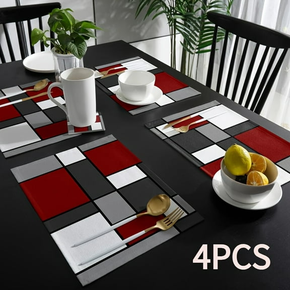 Red Grey Black White Placemats Set of 4,Geometric Square Table Place Mats Waterproof Burlap Washable Dining Placemats for Home Kitchen Decorations (Red Grey Black White, 12" Wx18 L)