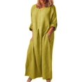 thumbnail image 1 of CHOK Robe d'Été en Coton et Lin pour Femmes, Col Ras du Cou, Coupe Ample, Robe-Chemise Unie, Grande Taille, Lin, Décontractée, Longue, par-Dessus, 1 of 3