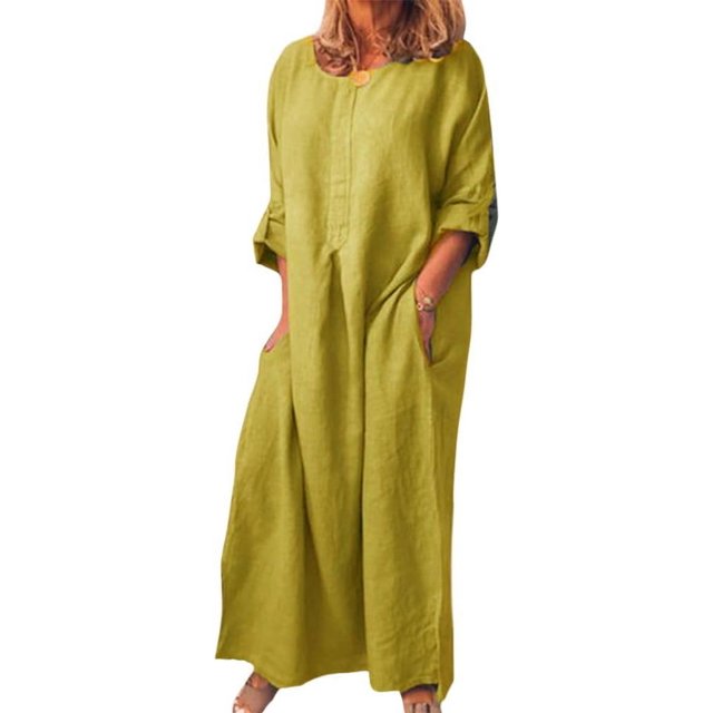 CHOK Robe d'Été en Coton et Lin pour Femmes, Col Ras du Cou, Coupe Ample, Robe-Chemise Unie, Grande Taille, Lin, Décontractée, Longue, par-Dessus