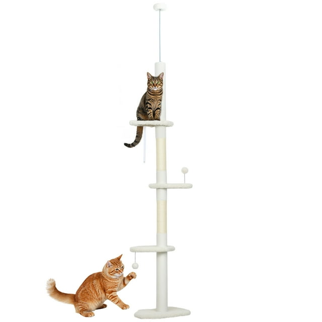 PawHut 88.5"-100.5" Floor to Ceiling Cat Tree with Scratching Posts, Cream