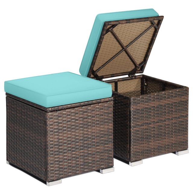 Patiojoy 2 Pieces Patio Ottoman Multipurpose Outdoor Wicker Footstool Storage Box Side Table w/ Solid Metal Frame Additional Seating w/ Removable Cushions Turquoise