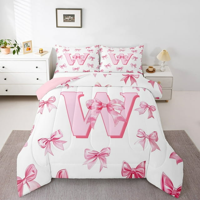 Erosebridal Monogrammed Bow Bedding Twin Comforter Set,Personalized Initial Down Comforter,Bowknot Decoration,Reversible,Lightweight,2-Piece