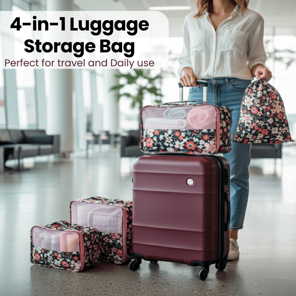 4-Piece Travel Packing Cubes Set, Luggage Organizer Bags with Mesh Top, Lightweight Clothes Storage Pouches, Pink Floral Pattern