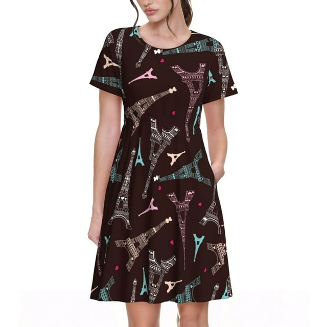 Saiise Robes d'Été Motif Tour Eiffel pour Femmes T-Shirt Décontracté Manches Courtes Robe de Plage Florale avec Poches