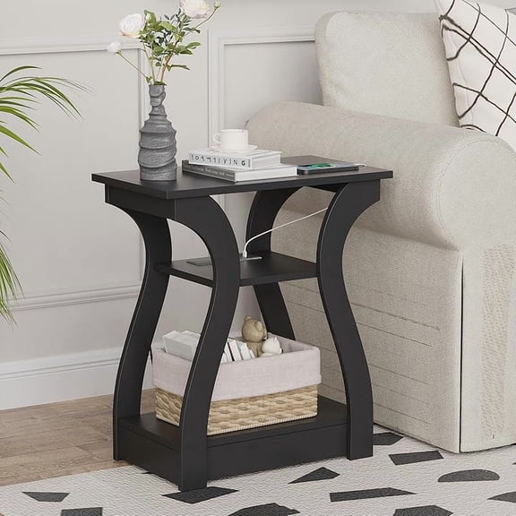 End Tables Living Room, Cherry End Table with Charging Station, Nightstand for Bedroom, 3 Tier End Table with Storage Shelf for Living Room(Black)