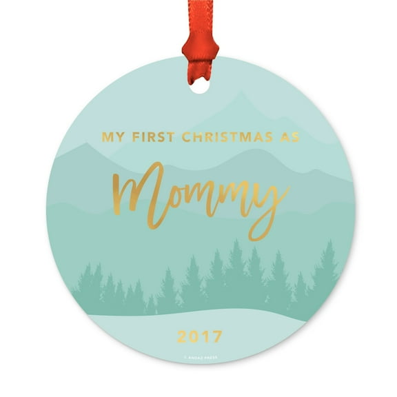 Metal Christmas Ornament, My First Christmas As Mommy 2017, Winter Wonderland Forest, Includes Ribbon and Gift Bag