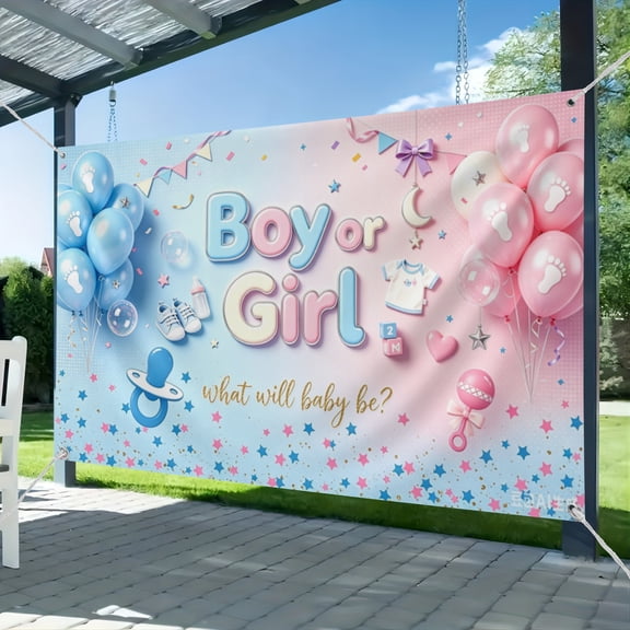 Gender Reveal Backdrop Boy or Girl Sign Banner Blue and Pink Stars Dots Balloon Theme Baby Gender Reveal Party Decorations Baby Shower Party Supplies 51*59IN