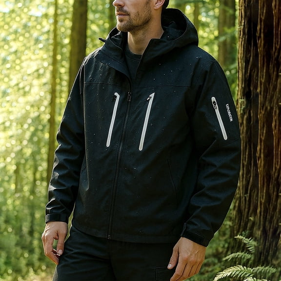 Handshe Men's Windbreaker Jacket, Solid Color with Outdoor Zipper Pockets, Windproof Waterproof Hooded Long Sleeve Coat for Hiking, Camping, and Daily Outdoor Wear