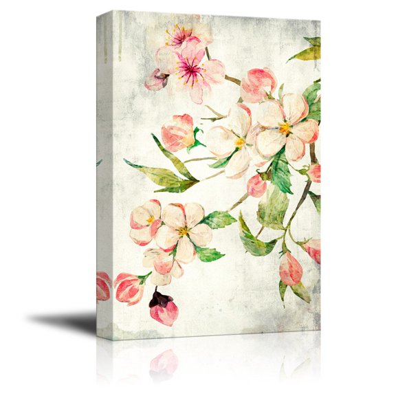 wall26 Canvas Wall Art - Watercolor Painting Style Pink Cherry Blossom on Branch - Giclee Print Gallery Wrap Modern Home Art Ready to Hang - 16x24 inches