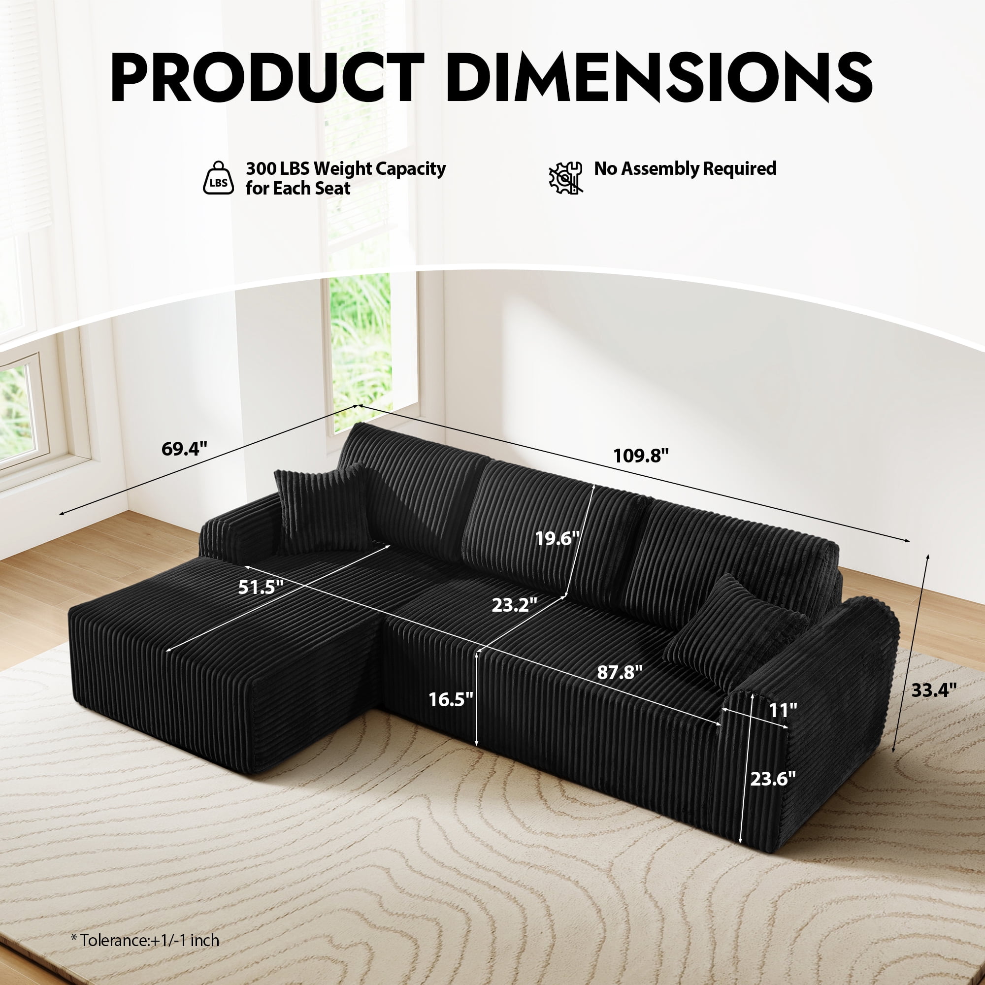 Aukfa 109" Modular Cloud Sectional Sofa with L-Shape Chaise, Corduroy Upholstered Deep Seat Couch, Left Facing Chaise, No Assembly Boneless Sofa for Living Room/Bedroom/Apartment, Black