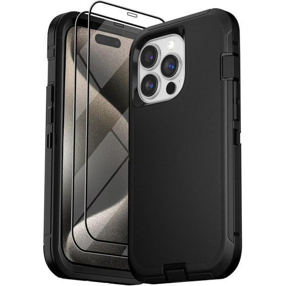 3 in 1 Bundle Designed for Apple iPhone 15 Pro Heavy Duty Case with 2 Clear Tempered Glass, Triple Layer Protection Shockproof Dropproof Dustproof Cover for Apple iPhone 15 Pro,Black