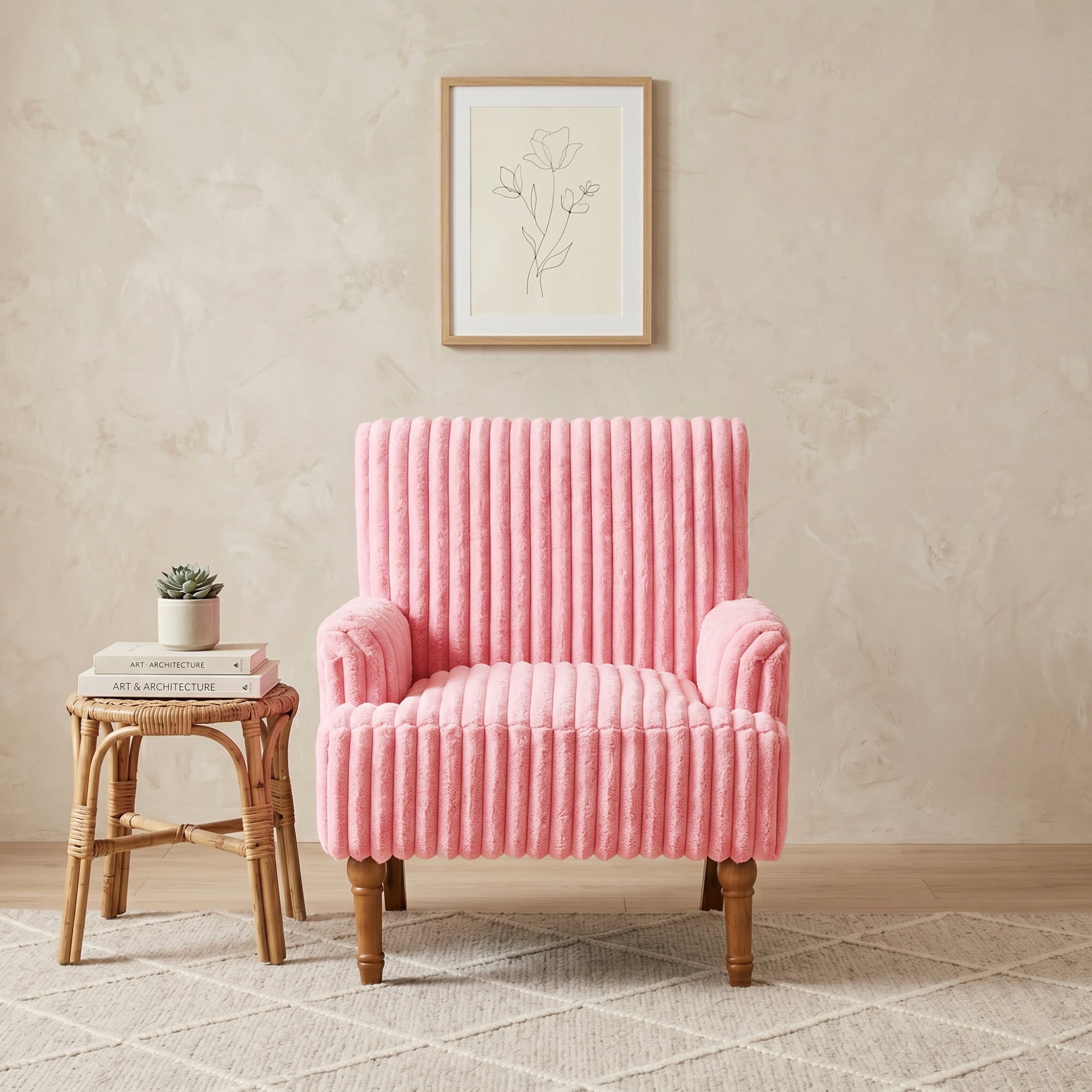 Leumius Modern Accent Chair with 9" Solid Wood Legs, Comfortable Upholstered Corduroy Armchair for Living Room Bedroom, Office Pink