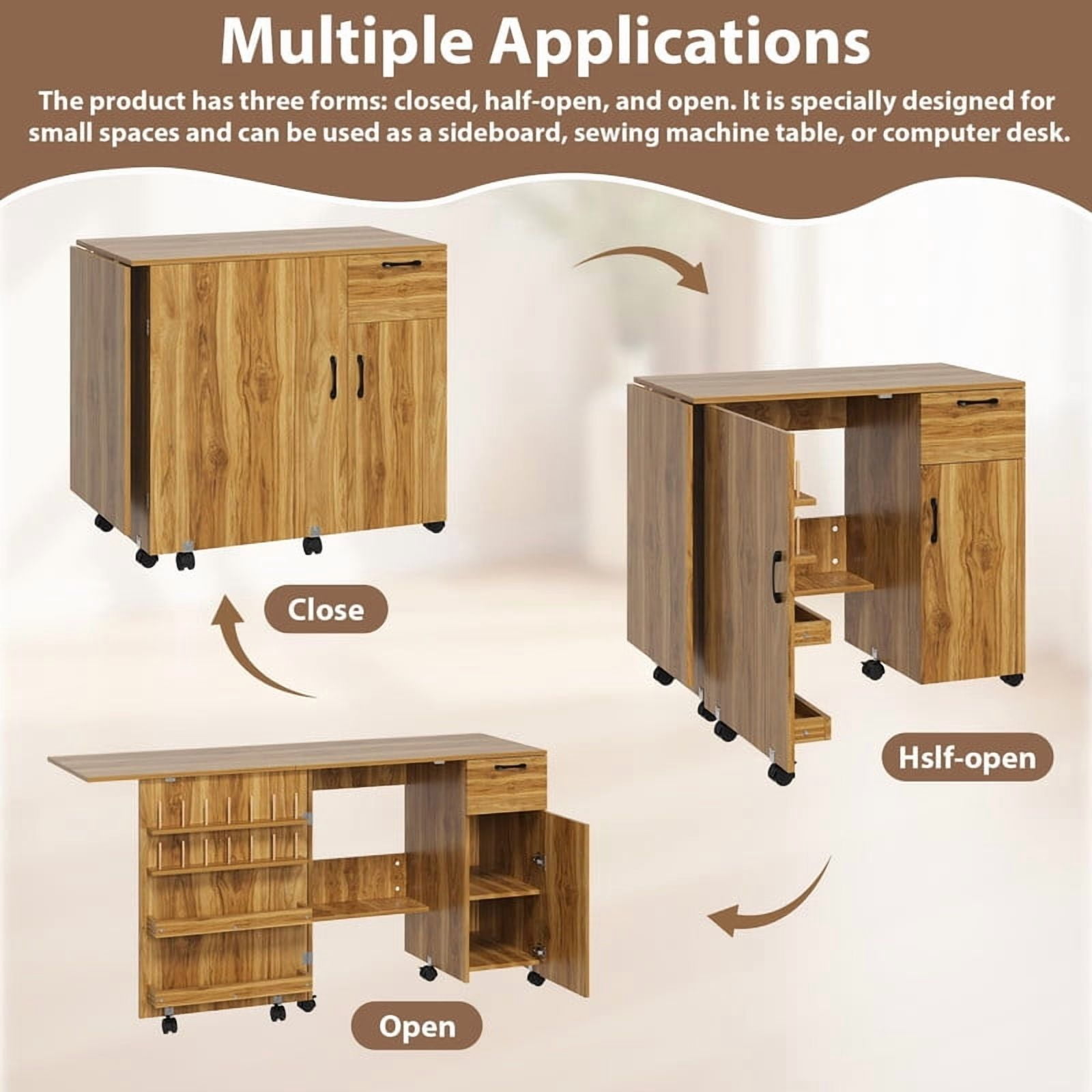 TROPOW Space-Saving Folding Sewing Machine Table for Entryway – Multi-Functional Craft Cabinet with Storage Shelves, Sliding Drawer, Lockable Wheels – Compact Rolling Organizer Desk