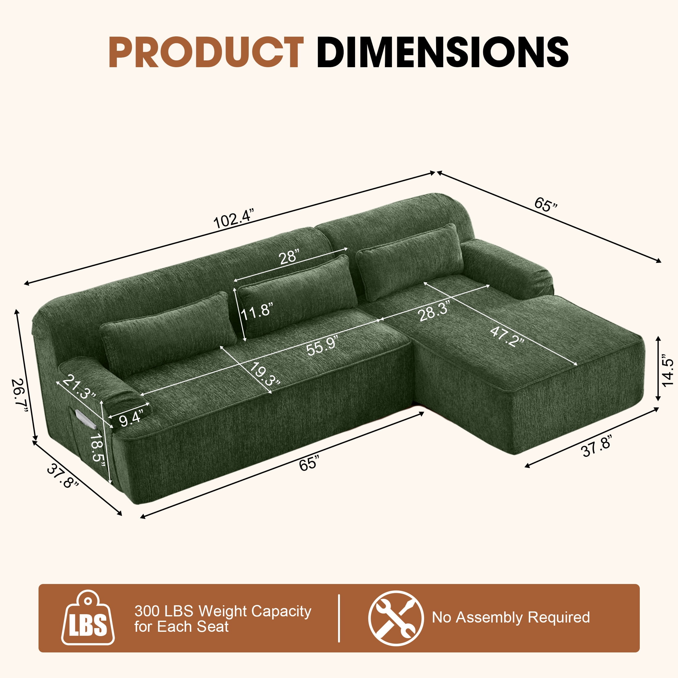 Aukfa 102.4" Chenille Modular Sectional Sofa with Right-Facing Chaise, Deep Seat Couch, No Assembly Required, Green
