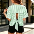 thumbnail image 6 of ShomPort Womens Summer Tops Casual Striped Tie Back Short Sleeve Crew Neck Blouse Dressy Loose T Shirts, 6 of 7