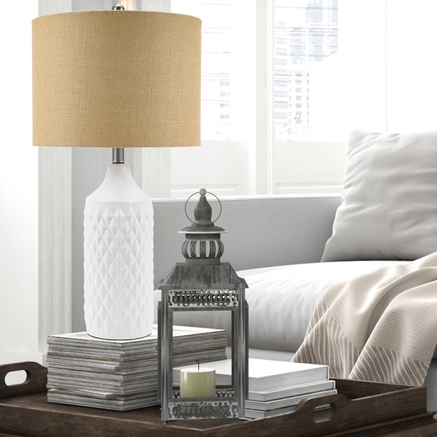 Cresswell Lighting 3-Way Quilted Ceramic Table Lamp with Natural Linen Drum Shade
